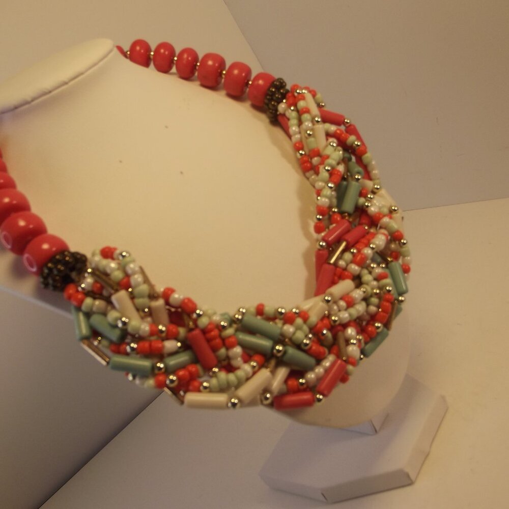 Braided Statement Necklace - Pink Turquoise & White Tones